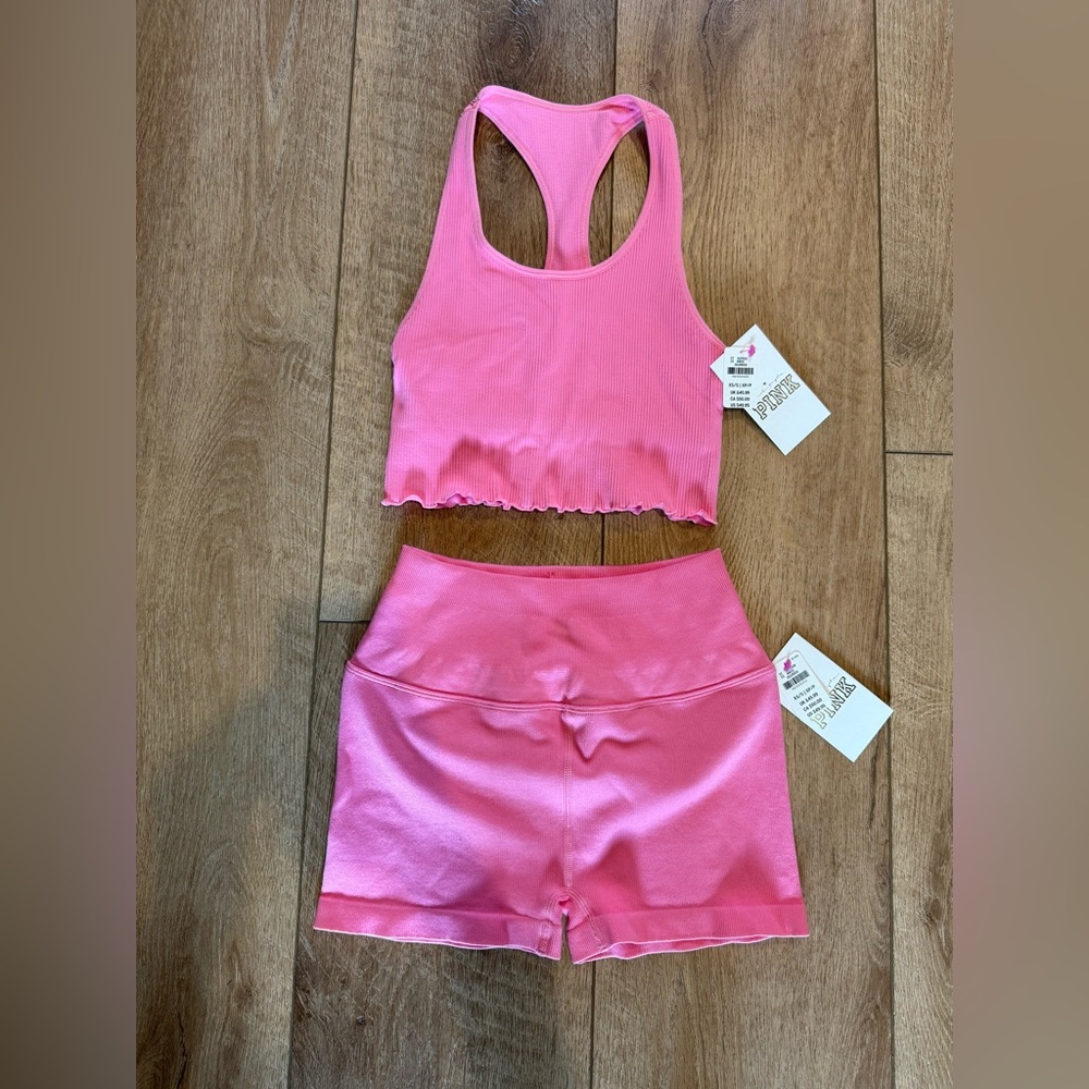 PINK Victoria's Secret Ribbed Sports Bra and Shorts Set - Pink